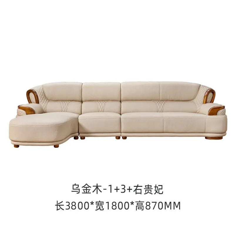 New Chinese leather sofa first layer cowhide ebony wood Italian light luxury sofa living room combination U solid wood furniture