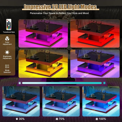 Red LED Coffee Table for Living Room, Living Room Table 2-Tier Square Modern High Glossy Contemporary Wood Coffee Tables
