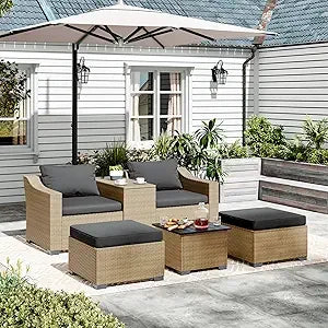 Patio Conversation Set Rattan Outdoor 6 Piece, Sectional Furniture Sofa Set, Wicker Couch with Coffee Table and Cushions for Poo