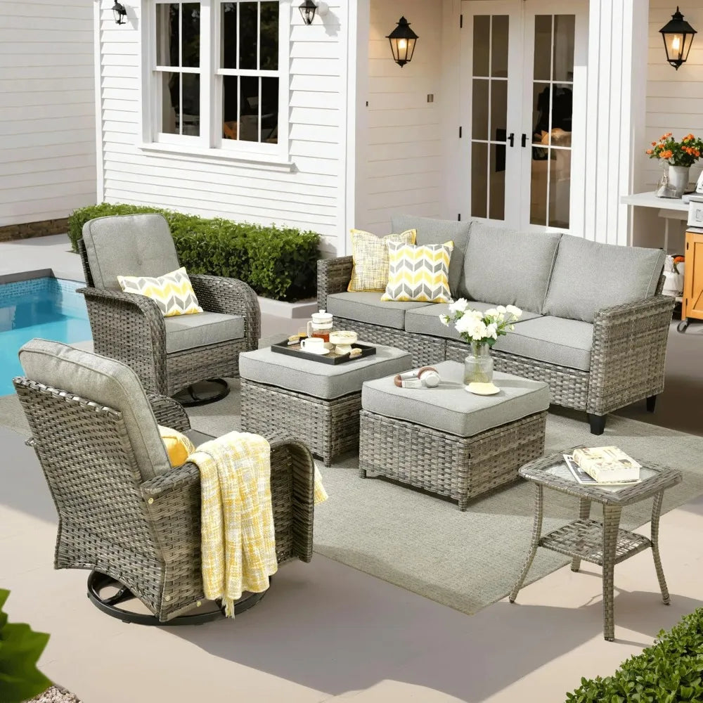 6 Pieces Patio Furniture Set, Outdoor Wicker Sofa Couch with Rocking Swivel Chairs Comfy Cushions, Modern Deep Seat Rattan Conv