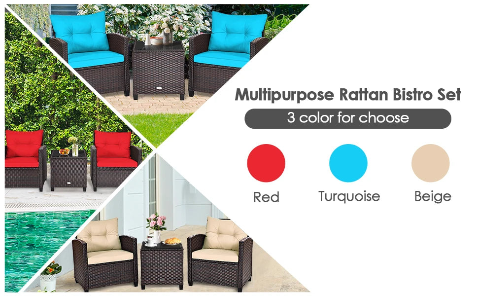 3 Pieces Patio Furniture Set, PE Rattan Wicker 3 Pcs Outdoor Sofa Set w/Washable Cushion and Tempered Glass Tabletop,Garden Sofa