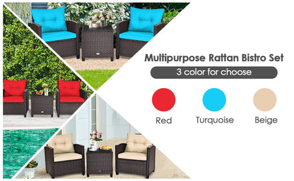 3 Pieces Patio Furniture Set, PE Rattan Wicker 3 Pcs Outdoor Sofa Set w/Washable Cushion and Tempered Glass Tabletop,Garden Sofa