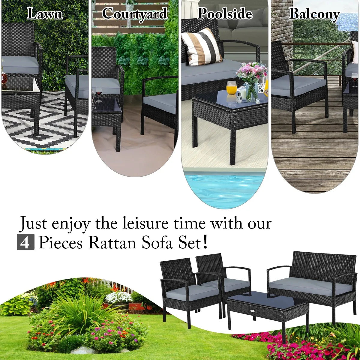 Garden Furniture Sets4 Piece Outdoor Rattan Furniture Set with Cushions Sofa and Coffee Table for Garden Patio Deck