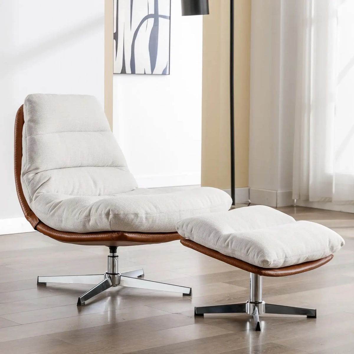 Swivel Accent Chair with Ottoman, Mid Century Modern Faux Leather Lounge Chair with footrest, Comfy Oversized, Customized
