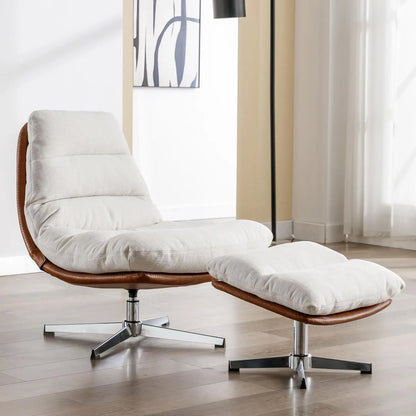 Swivel Accent Chair with Ottoman, Mid Century Modern Faux Leather Lounge Chair with footrest, Comfy Oversized, Customized