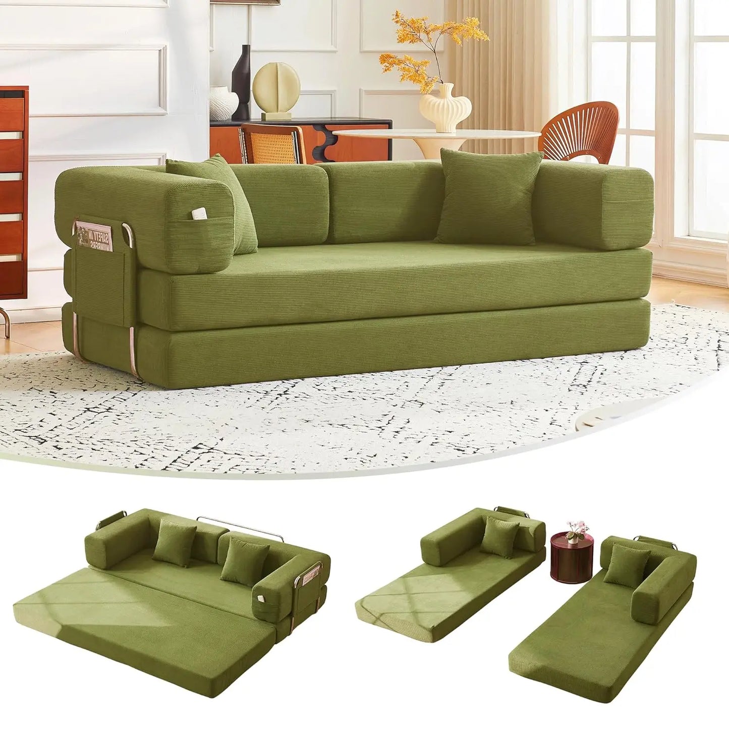79" Convertible Sofa Bed with Pillows, Corduroy Folding Sleeper Sofa with Fixed-Shape Frame, Boneless Couch for, Customized