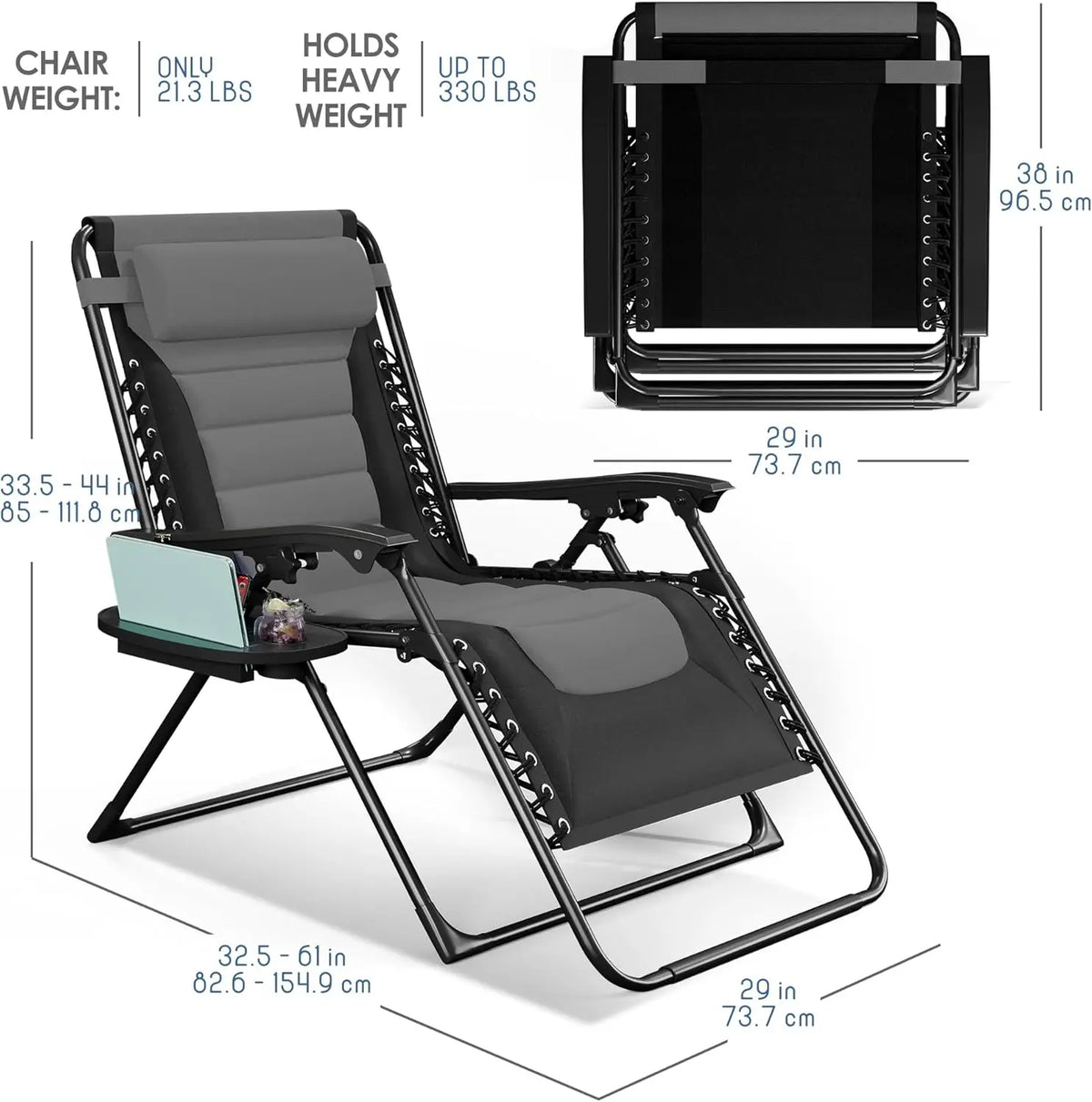 Outdoor Padded Zero Gravity Chair, Patio Lounge Chair Outdoor Recliner, Oversized Anti Gravity Lounger with Adjustable Headrest