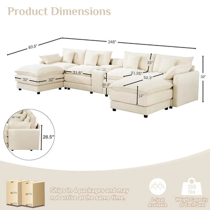 145" U Shaped Cloud Couch Sectionals Comfy White Sectional Couches for Living Room Modern Fluffy Oversized Modular Sofas, Chenil