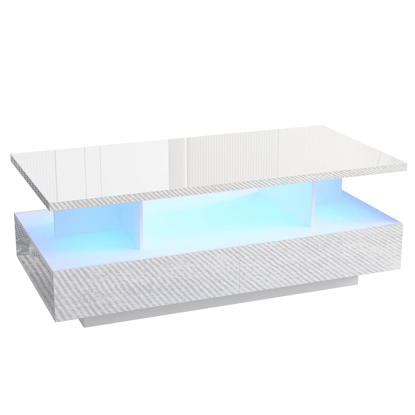 43 Inch LED Coffee Table w/2 Storage Drawers, Modern High Gloss Coffee Table w/Display Shelf, Rectangle 2-Tier Center Table
