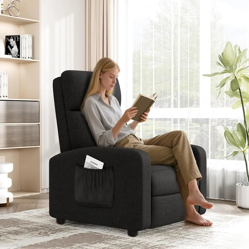 Black Linen Fabric Recliner Chair with Thicker Seat Cushion, Side Pocket, Adjustable Backrest and Footrest for Home Theater and