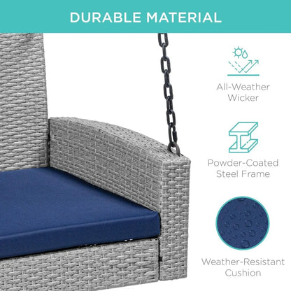 Woven Wicker Outdoor Porch Swing, Hanging Patio Bench for Deck, Garden with Mounting Chains, Seat Cushion - Gr