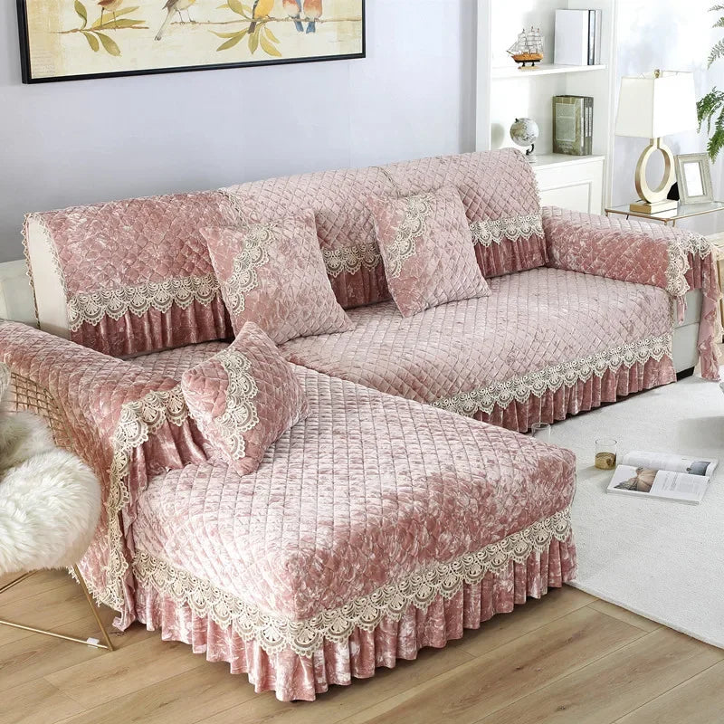 Embroidery Lace Sofa Cushion Gold Velvet Hemline Sofa Cover Autumn Winter European Couch Cover Solid Color Checkered Sofa Mat