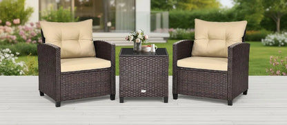 3-Piece Outdoor Patio Set with Washable Cushions & Tempered Glass Table, PE Rattan Furniture for Garden, Balcony