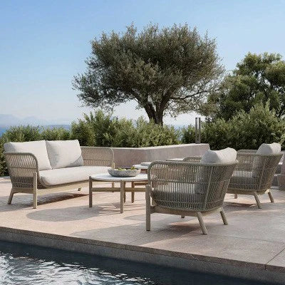 Outdoor rattan sofa courtyard garden open-air balcony leisure outdoor solid wood teak villa