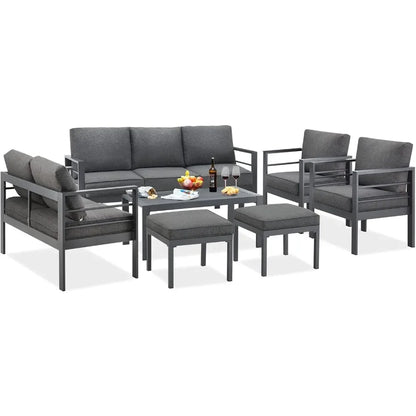 Aluminium modern patio furniture with coffee table, 7-piece outdoor conversation set, dark grey cushions, suitable for balcony