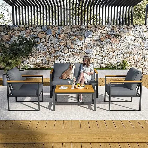 4 Pieces Outdoor Patio Furniture Set, Modern Metal Balcony Furniture with Plastic-Wood Coffee Table, All-Weather Patio Conversa
