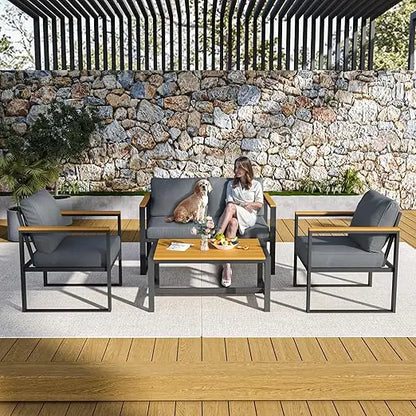 4 Pieces Outdoor Patio Furniture Set, Modern Metal Balcony Furniture with Plastic-Wood Coffee Table, All-Weather Patio Conversa