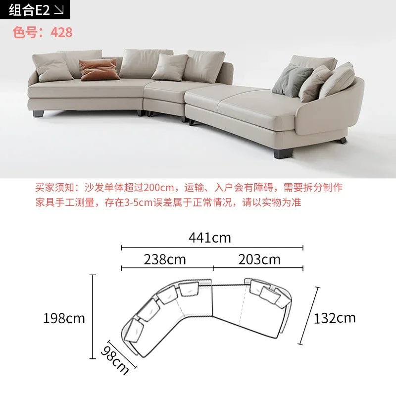 Designer Curved Leather Sofa Italian Cowhide Light Luxury Brands High-End
