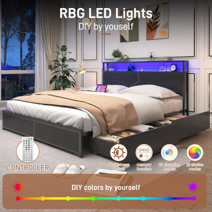 LED Bed Frame Full/QueenKing Size with 2 USB Ports and Outlets, Platform Metal Bed Frame with 4 Storage Drawers and Headboard