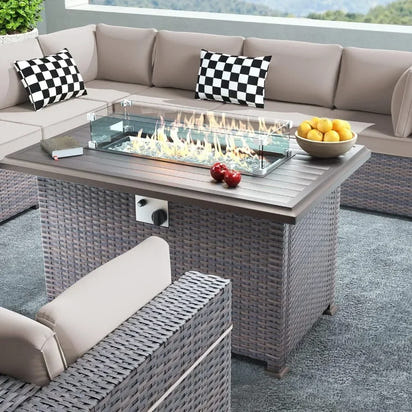8 Piece Outdoor Patio Furniture Set with Gas Fire Pit Table, 55,000 BTU Auto-Ignition Firepit w/Glass Wind Guard