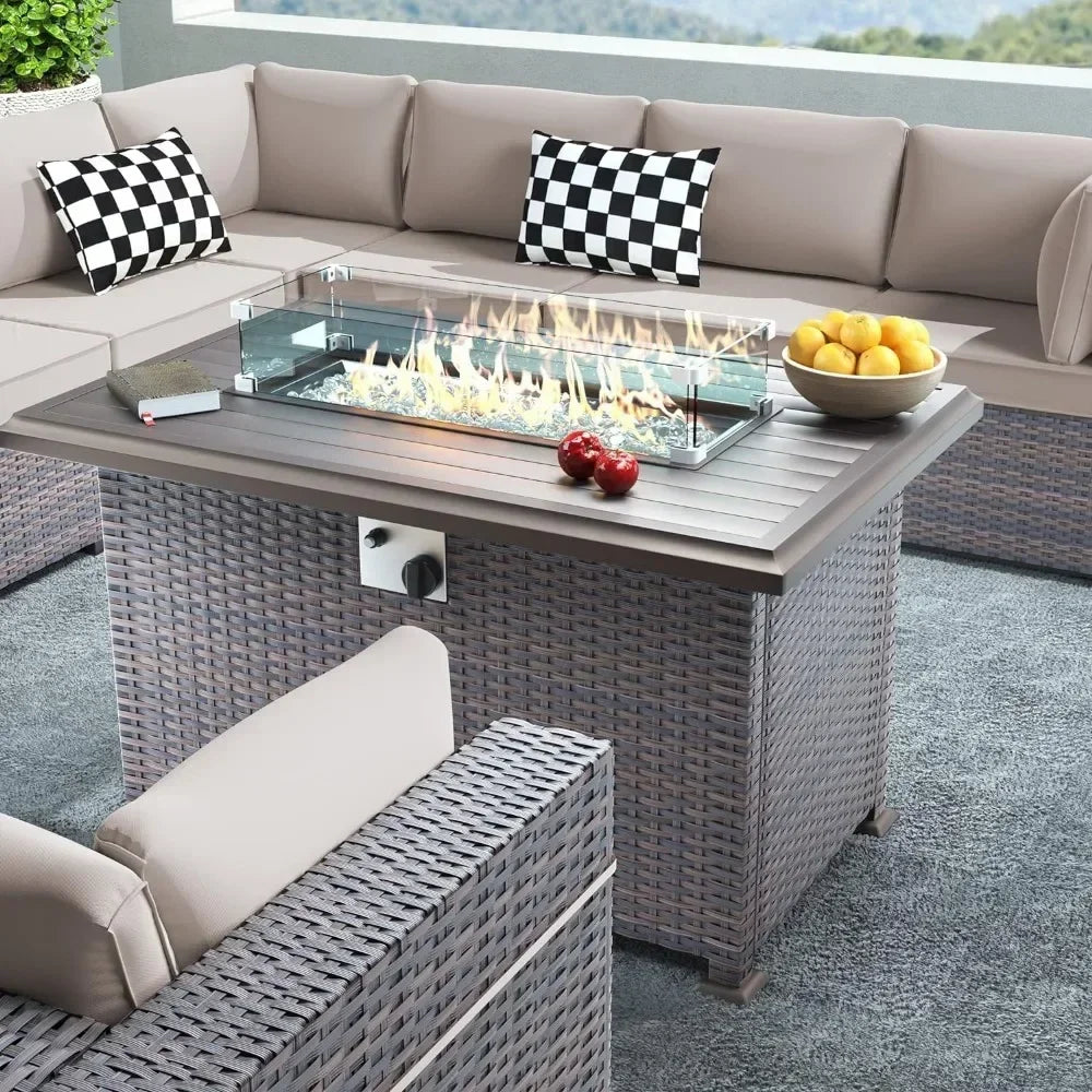 8 Piece Outdoor Patio Furniture Set with Gas Fire Pit Table, 55,000 BTU Auto-Ignition Firepit w/Glass Wind Guard