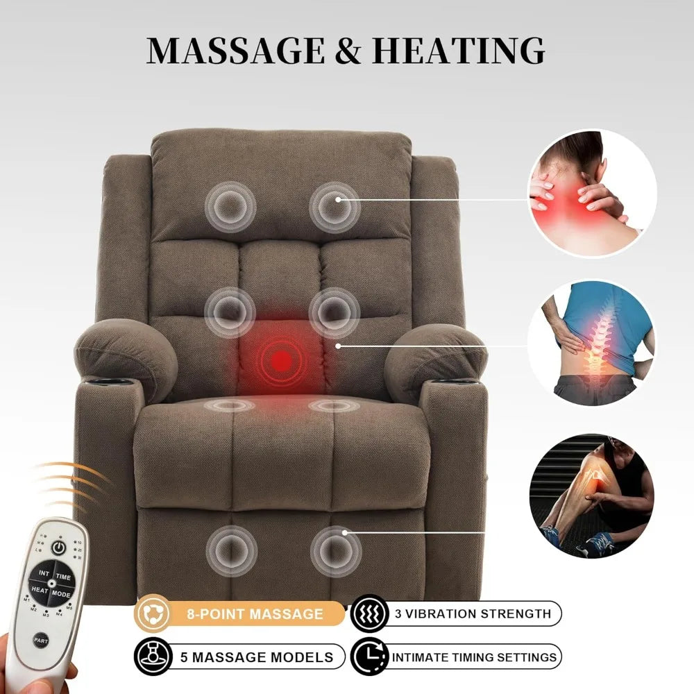 Elderly Power Lift Recliners With Heat And Massage Plush Oversized Chairs For Comfort Enhanced Fabric Recliners For Adults Home