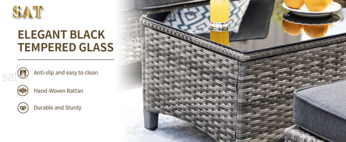 A  6 Pieces Outdoor Rattan Furniture Sets with 2 Wood Armrests Swivel Rocker Chairs, 2 Ottoman, 3-Seat Sofa and Coffee Table