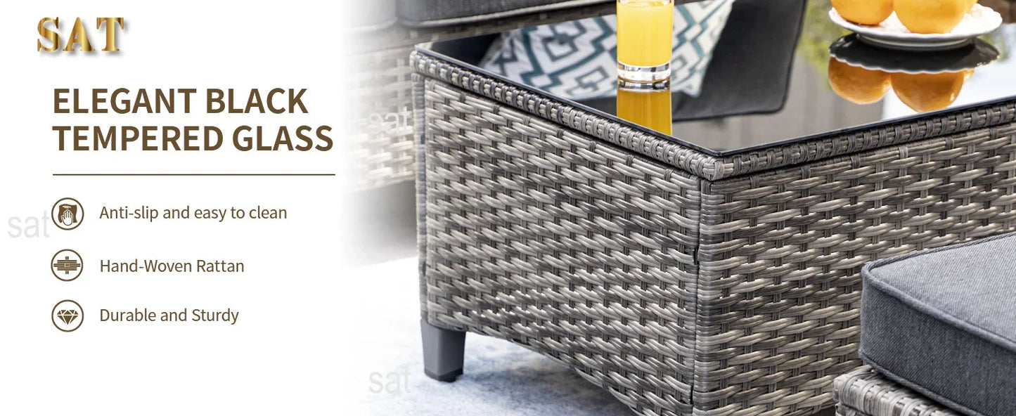A  6 Pieces Outdoor Rattan Furniture Sets with 2 Wood Armrests Swivel Rocker Chairs, 2 Ottoman, 3-Seat Sofa and Coffee Table