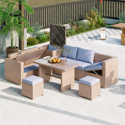 6-Piece Outdoor All Weather PE Rattan Sofa Set, Garden Patio Wicker Sectional Furniture Set with Adjustable Seat,Natural