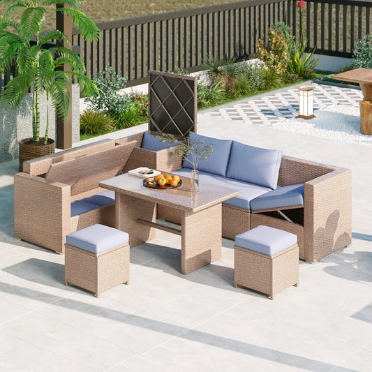 6-Piece Outdoor All Weather PE Rattan Sofa Set, Garden Patio Wicker Sectional Furniture Set with Adjustable Seat,Natural