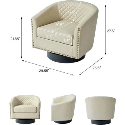 Swivel Barrel Accent Chairs, Comfortable Modern Upholstered Round Faux Leather Armchairs for Living Room and Bedroom, Beige, Set