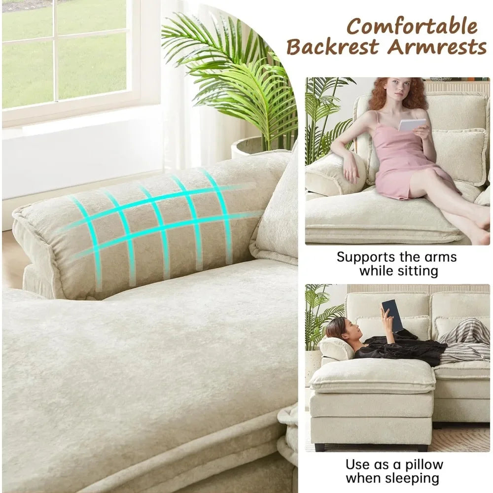 Chenille Sofa Sleeper Deep Seat Sofa with 4 Throw Pillows, 4-Seater,113" U Shaped Sectional Sofa, Comfy Cloud Couch