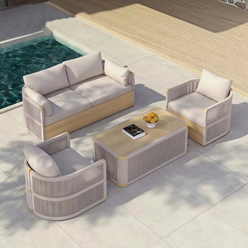 Nordic Outdoor Sofa and Coffee Table Set, Garden Designer Designed Woven Furniture Set for Courtyard and Outdoor Use