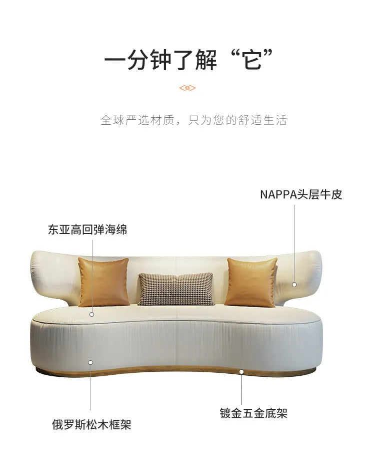 Light luxury first-layer cowhide curved sofa small apartment living room