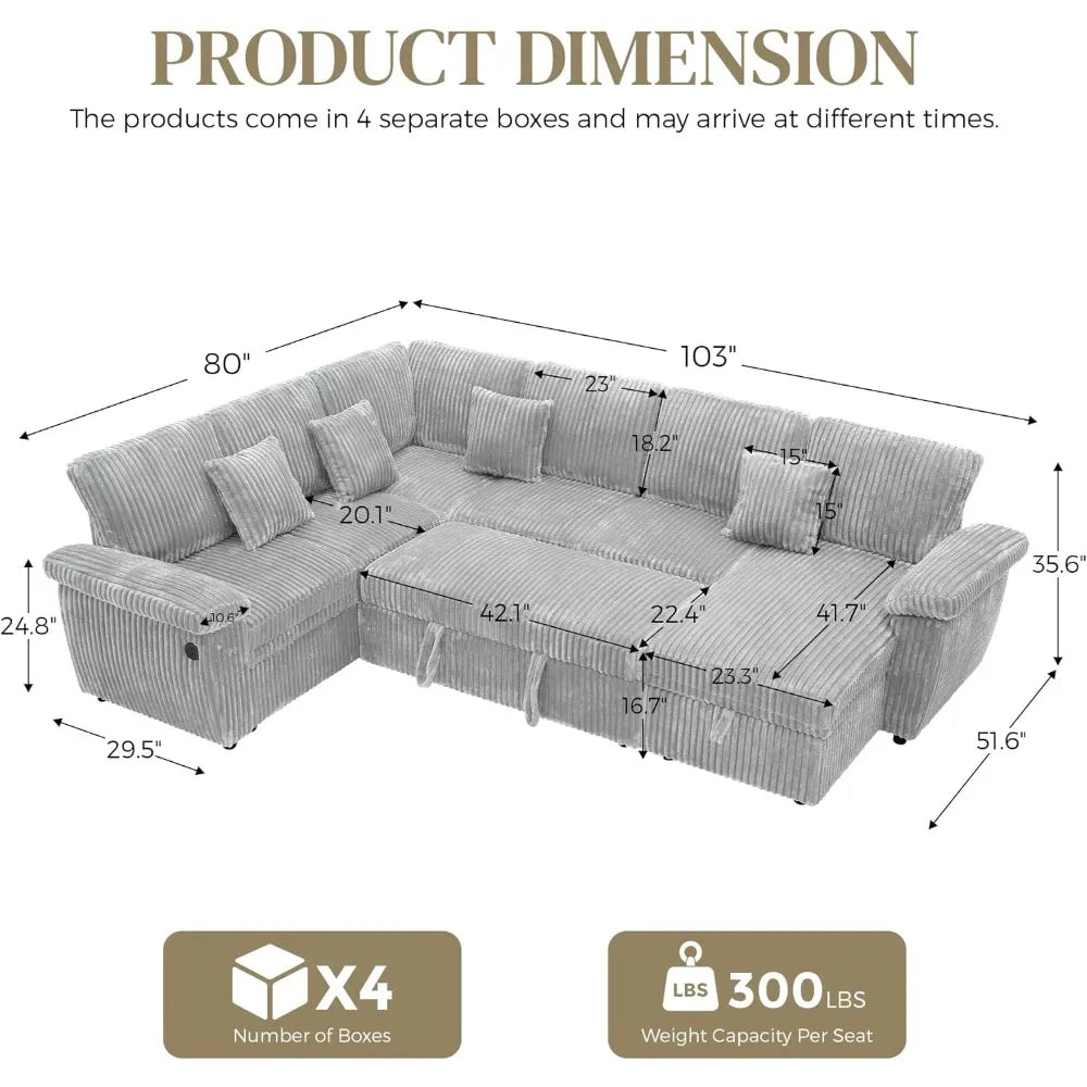 Sectional Sleeper Sofa with Pull Out Bed and Storage Chaise, Fluffy Soft Corduroy Fabric, Modern Comfy U Shaped Couch.