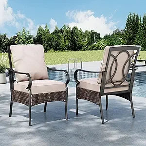 Patio Dining Chairs Set of 2 - Metal Wicker with Cushioned Seats and Armrests for Outdoor Use