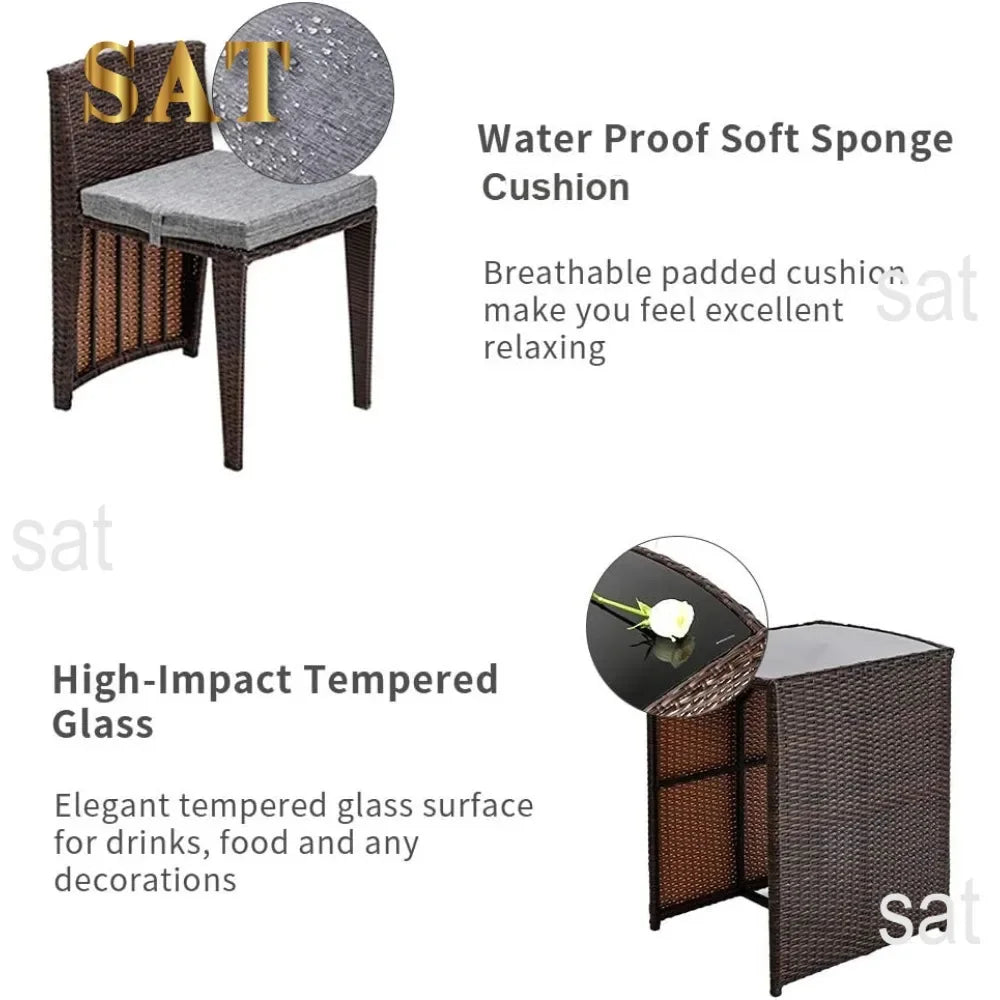 t Bonnlo 3 PCS Wicker Outdoor Patio Bistro Set, Patio Furniture Set for Small Space with Glass Top Table Dining Chairs, Balcony