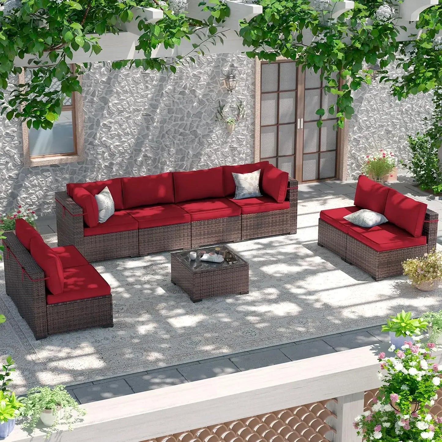 Patio Furniture Set Outdoor Modern Sectional  Wicker Couch with Glass Coffee Table, Thicken Cushions, Waterproof Cover