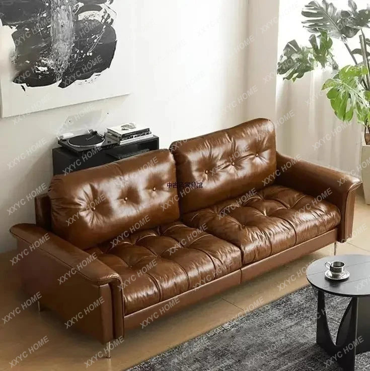 TTTTMedieval Oil Wax Leather Creative Sofa Living Room Retro Old Caramel Color Large Straight Row Sofa
