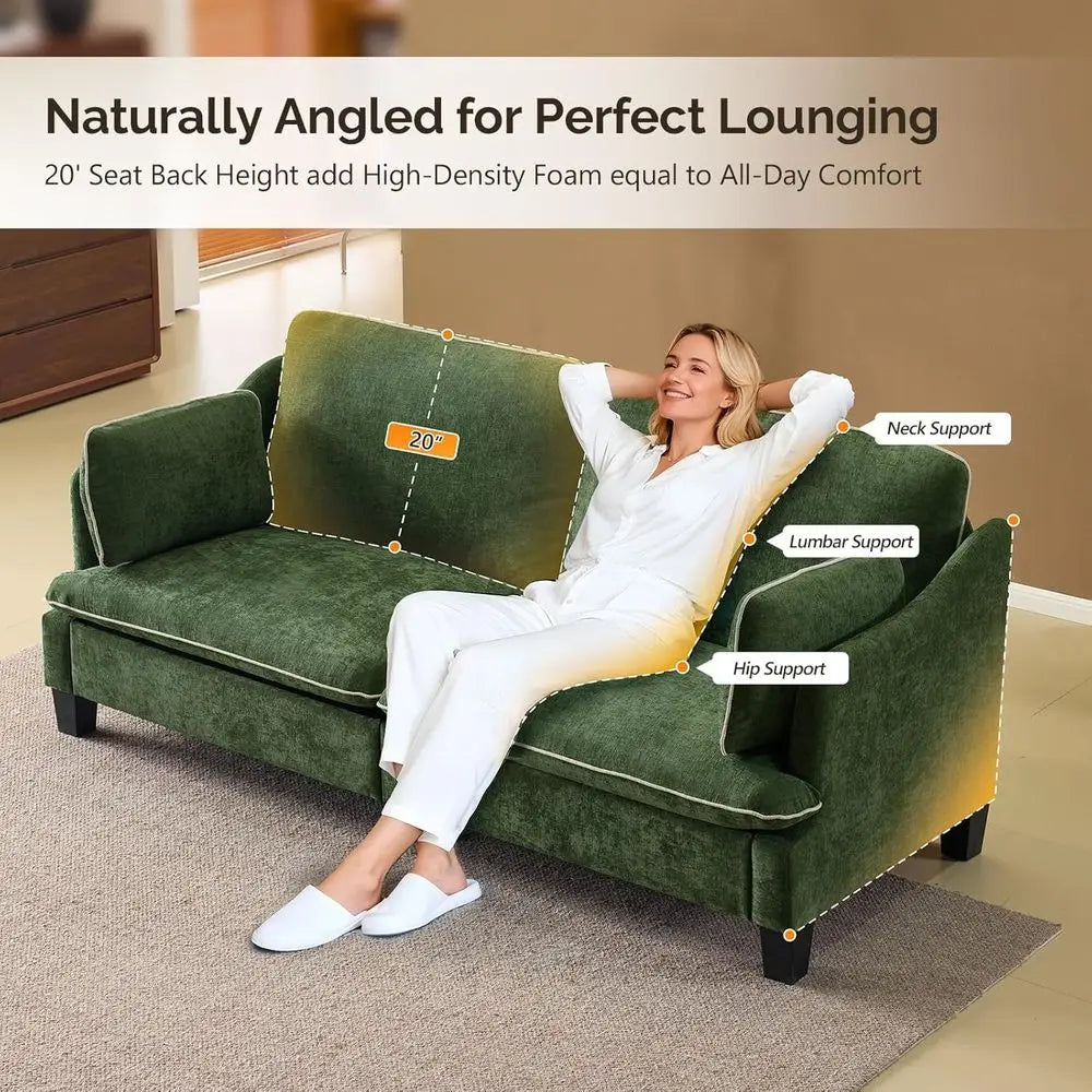 Extra Deep Seat 3-Seater Sofa with Piped Cushions and Throw Pillows, Linen Velvet Fabric for Living Room, Bedroom, or Office