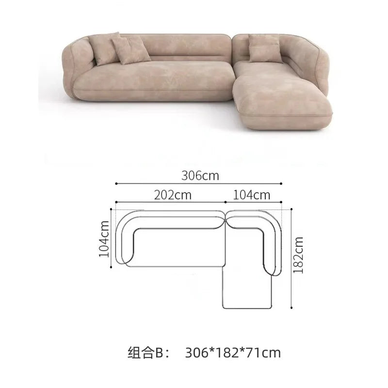 Cream style sofa, simple curved corner combination lamb wool sofa