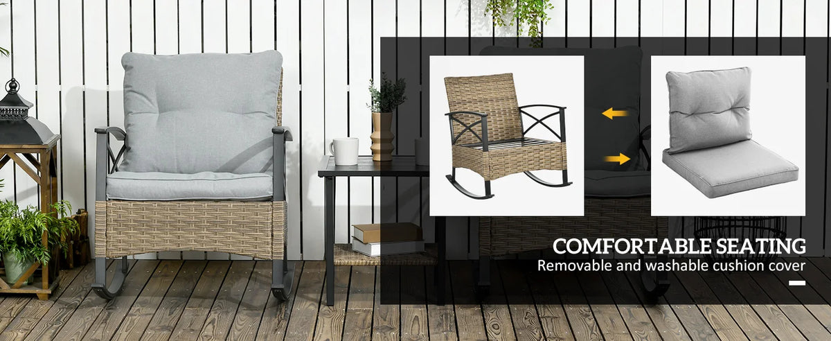 3 Piece Patio Rocking Chair Set, Outdoor Wicker Bistro Set with 2 Cushioned Porch Rockers and 2 Tier Coffee Table for Garden, Po