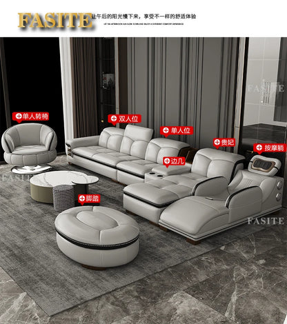 Smart Leather Sofa Massage for Left and Right Noblewomen, Cowhide Solid Wood Living Room Corner Small Unit