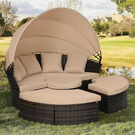 Outdoor Patio Daybed with Retractable Canopy, Wicker Rattan Sectional Round Sofa Furniture Set, 5 Pieces Seating Separates Cushi