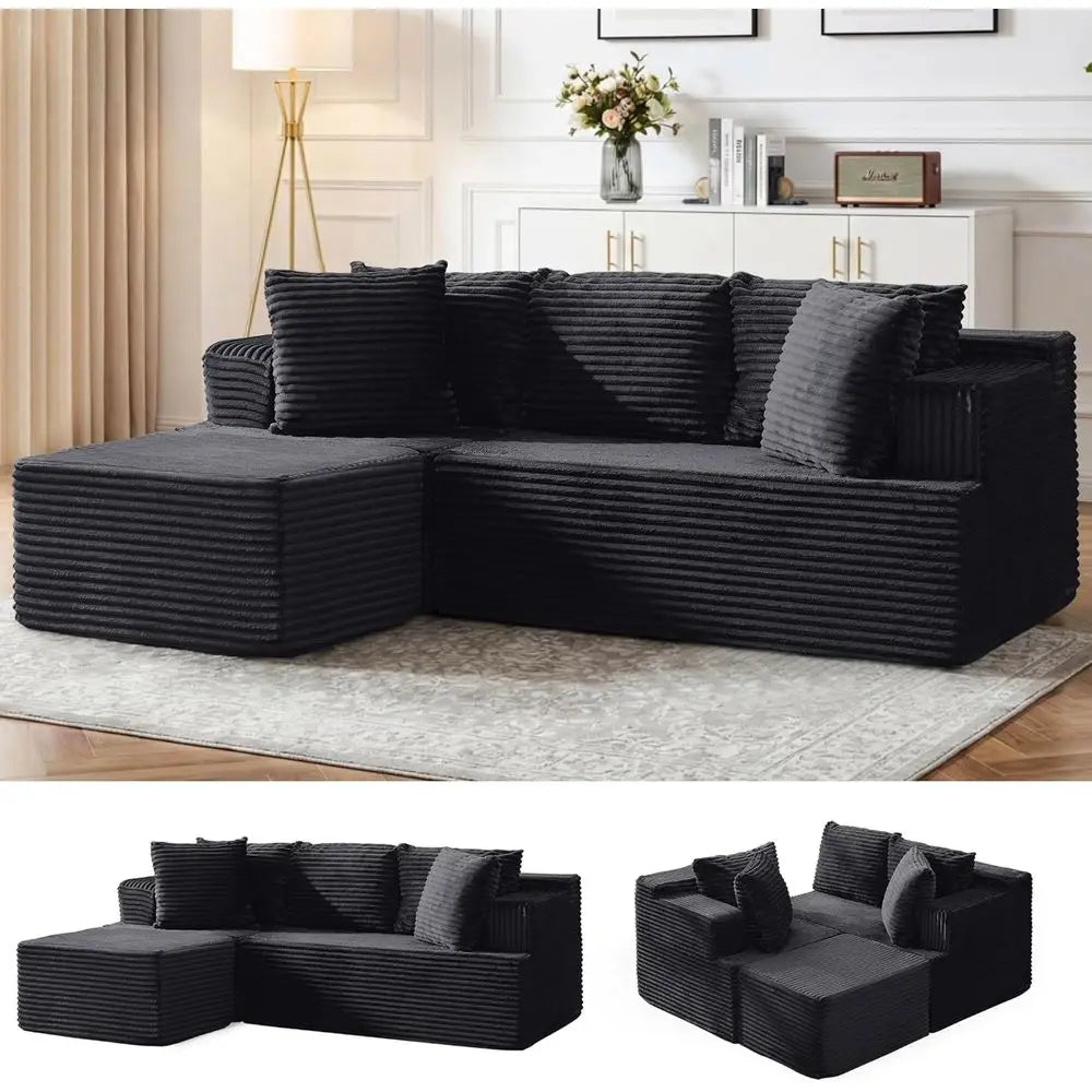 80 L-Shaped Sectional Sofa with Deep Seating and Ottoman, Comfortable Corduroy, Living Room, Bedroom, Easy Setup
