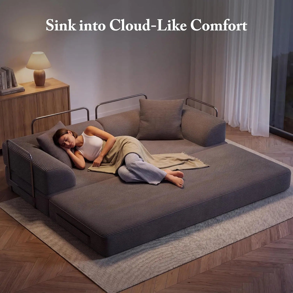 5-in-1 Convertible Sofa Bed Pull-Out Sleeper 70in High-Density Sponge Corduroy Futon Living Room Gray Customized