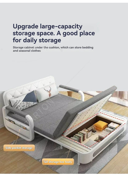 Foldable Living Room Multifunctional Sofa Bed Fabric Sponge Filled Sitting and Lying Sofa Bed With Storage