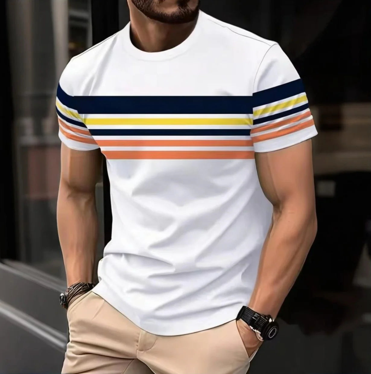 Outdoor Men's T Shirt Summer Fashion Casual Round Neck Short Sleeve Top Striped Printed Style Asian Size Men's Clothing T-shirt