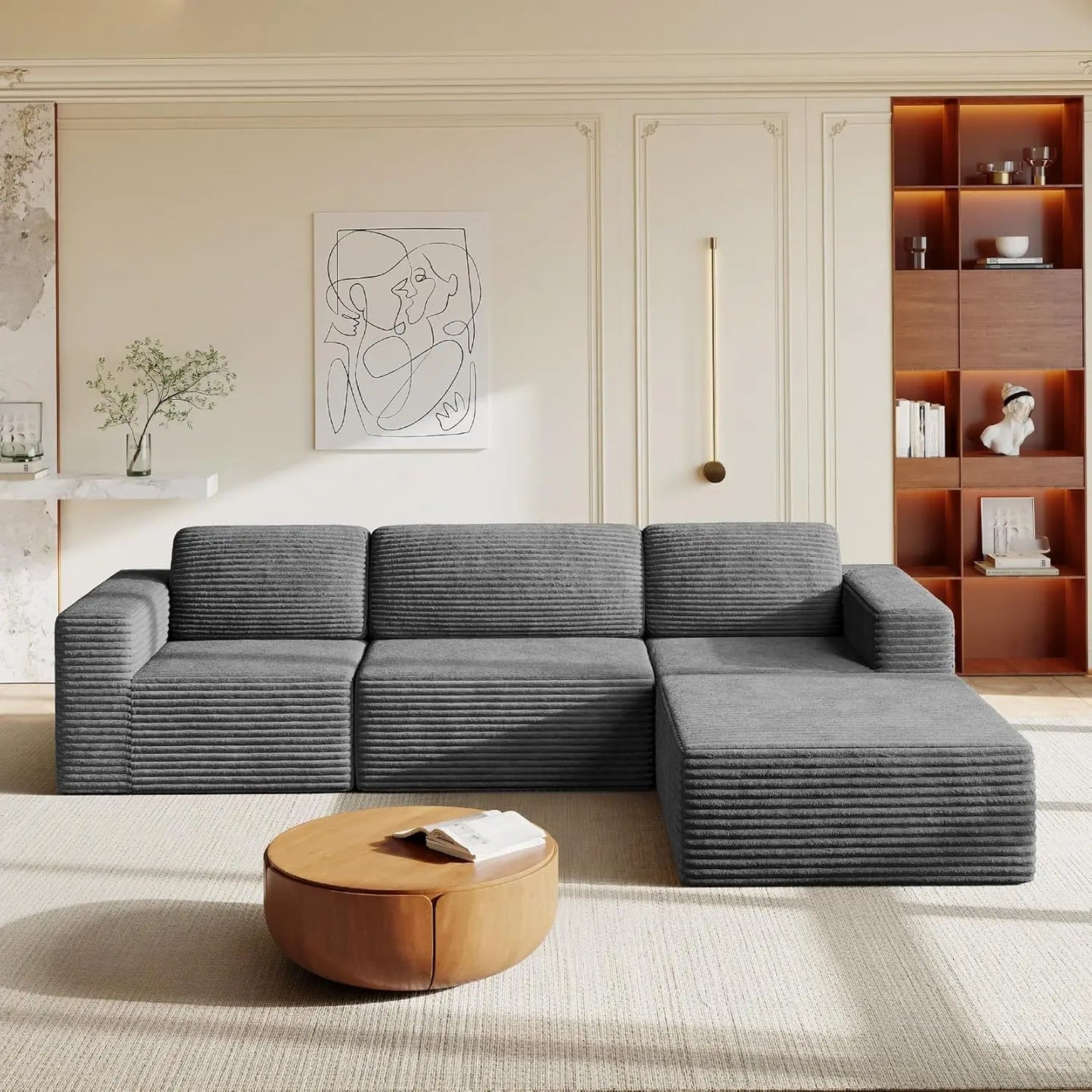 97" L-Shape Modular Sofa, 3-Seat Corduroy Couch with Movable Ottoman, Sectional Sofa for Living Room, Green, Customized