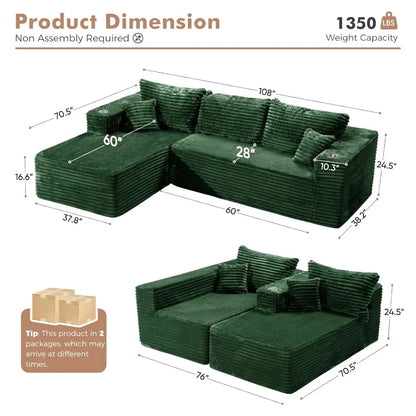 Oversized 108” Boneless Couch, Comfy Cloud Modular Sectional Sofa, L-Shape Sofa with Chaise, Memory Foam, Customized